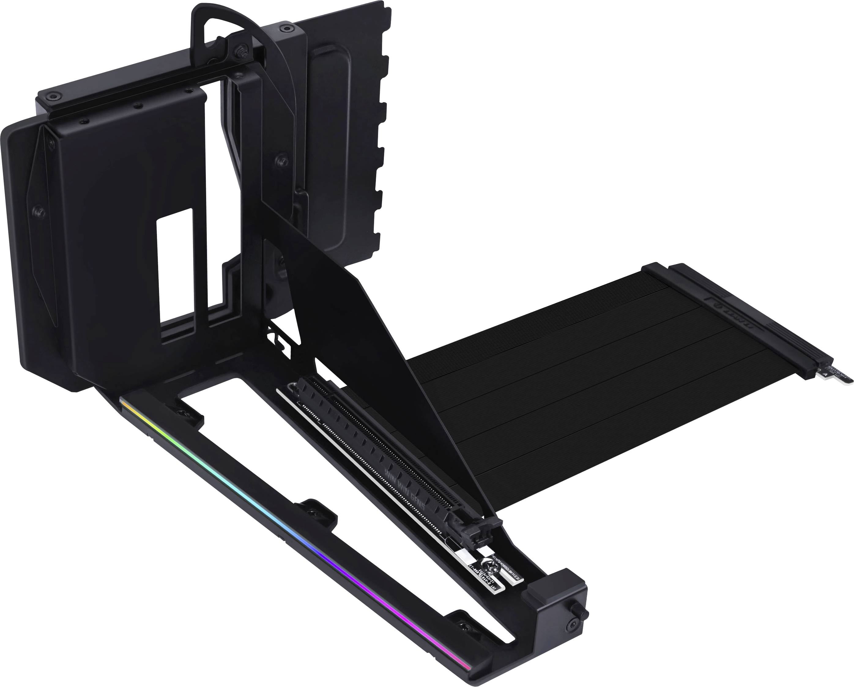 Schwarzes Computer-Gehäuse mit RGB-Beleuchtungsstreifen, ausgestattet mit Klappblende und vertikalem Kartenschacht, entwickelt für die innere Montage.