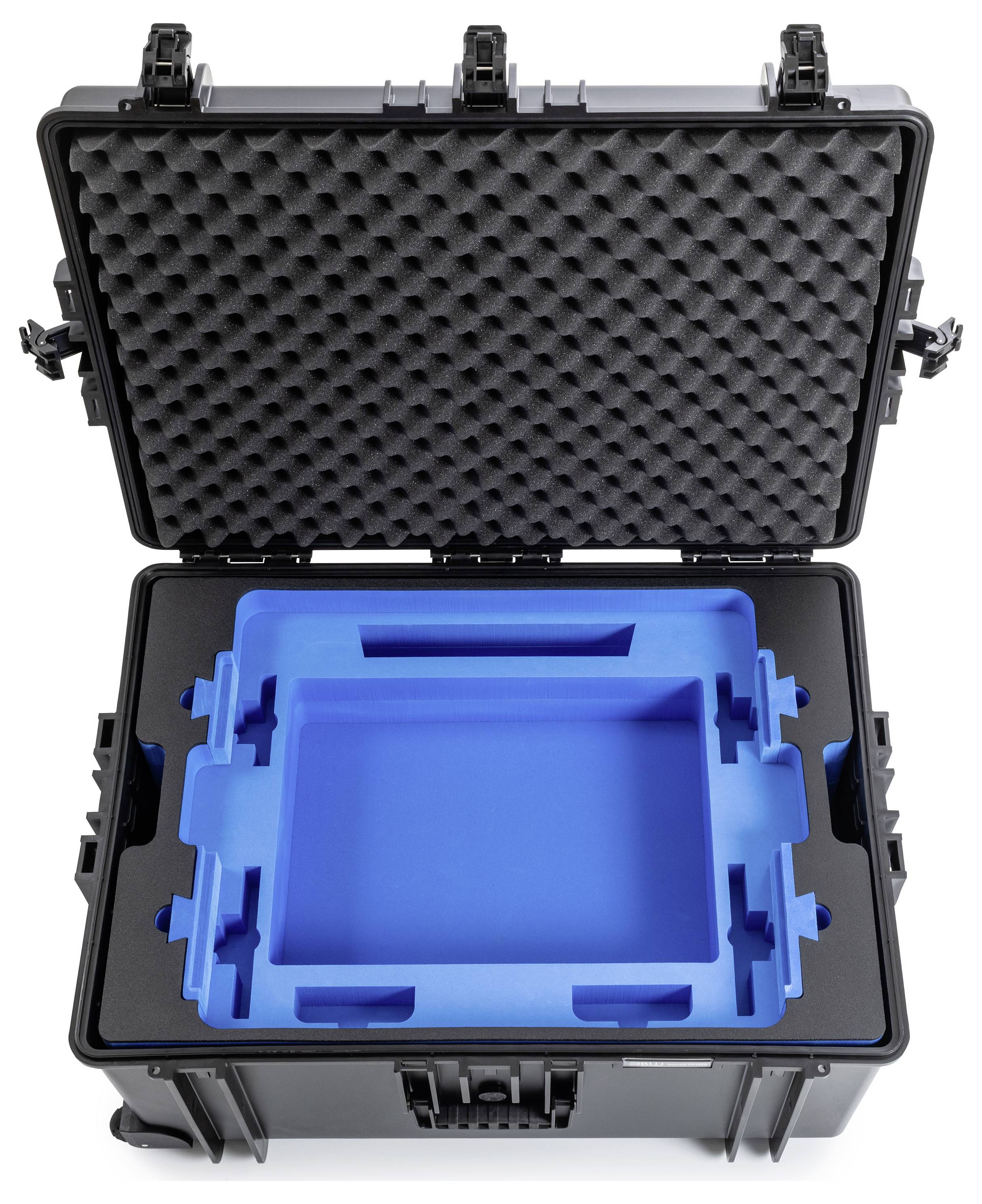 'Offene schwarze Schutzbox mit maßgefertigtem Schaumstoff-Einsatz zum Schutz von Ausrüstung.'