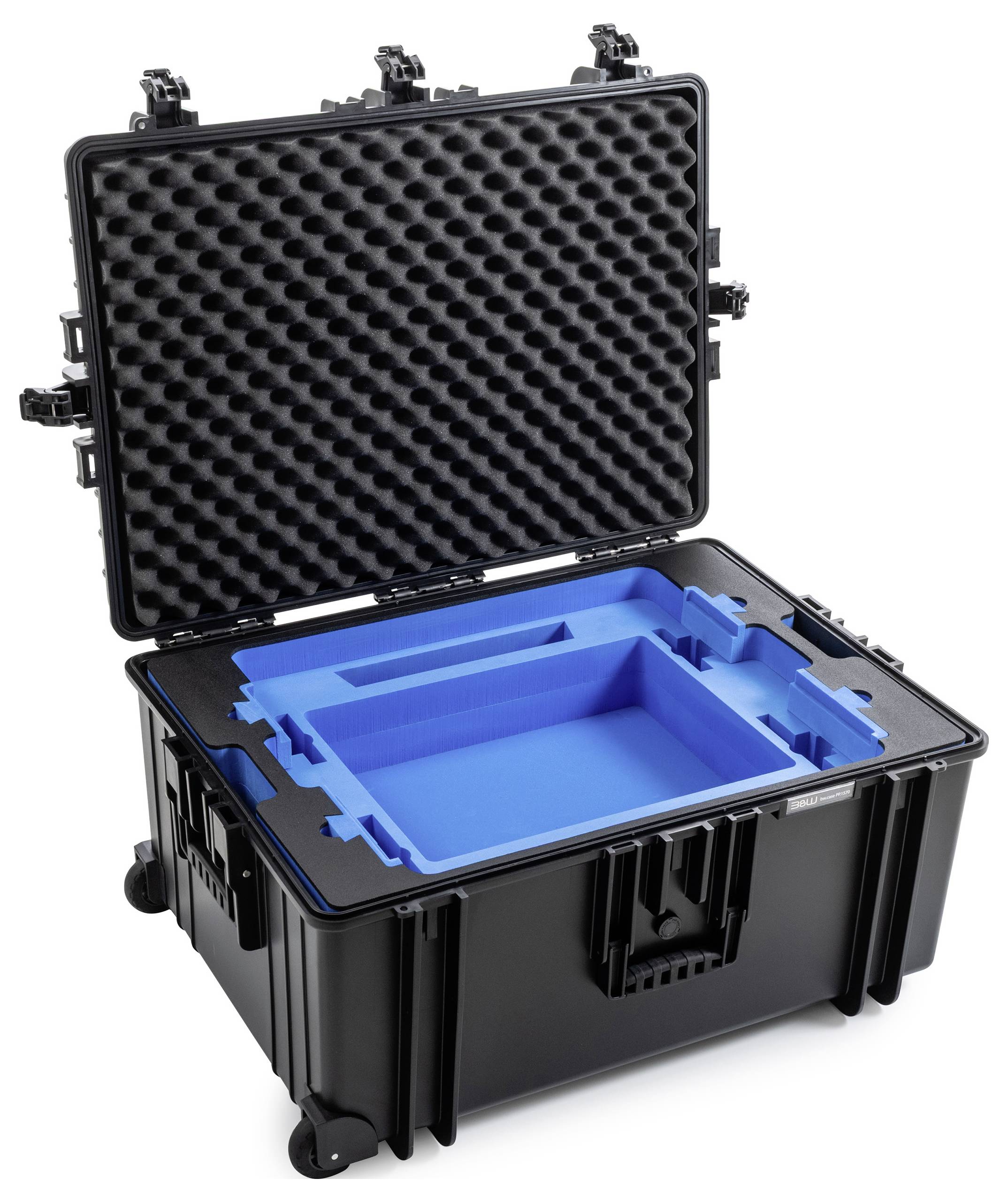 Ein schwarzes Schutzgehäuse mit aufklappbarem Deckel, das blauen Schaumstoffinnenseiten zeigt und spezielle Ausschnitte zum sicheren Halten von Ausrüstung aufweist.