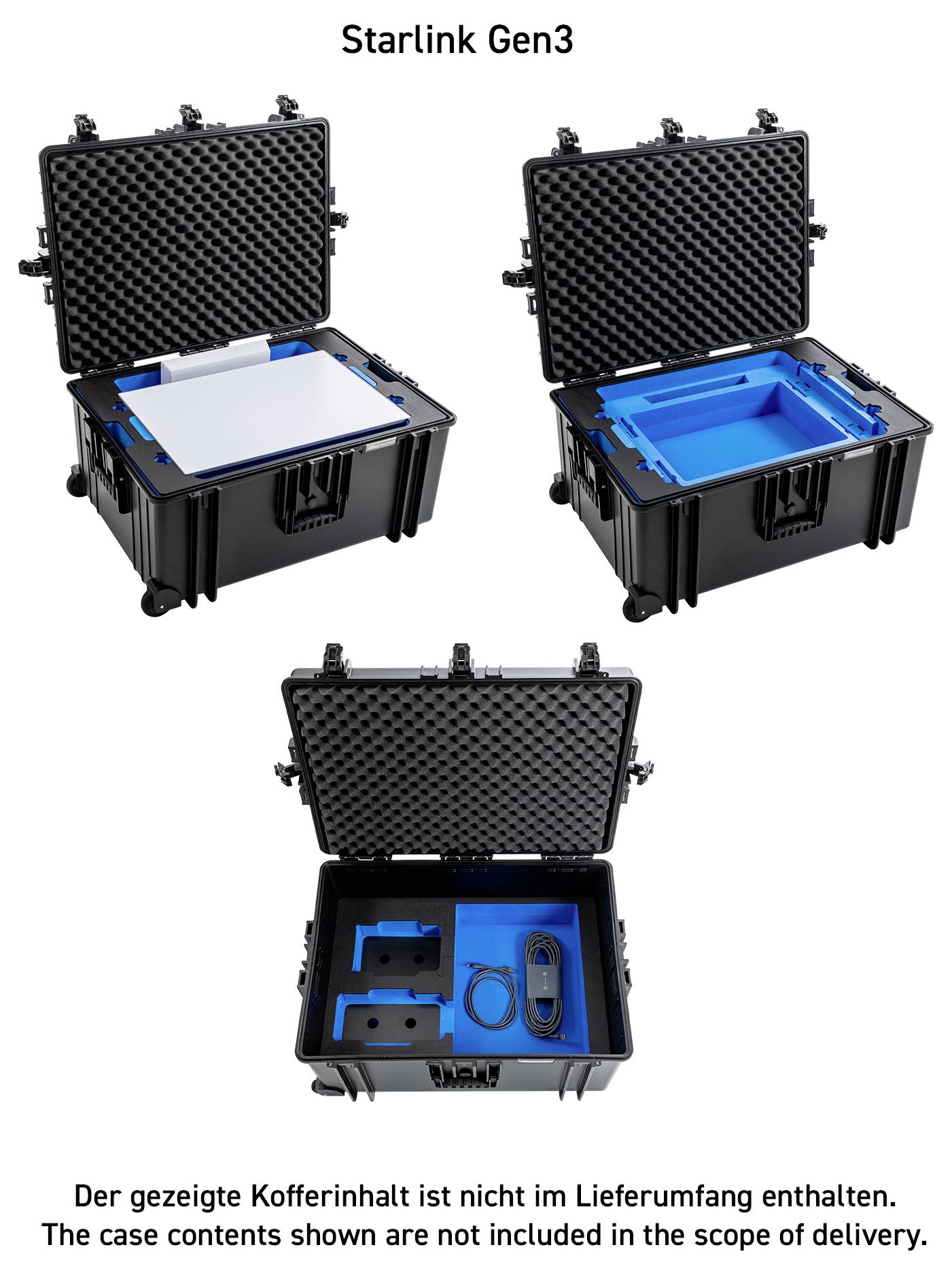 Ein Starlink-Gen3-Koffer wird in drei Ansichten offen gezeigt. Er hat ein schwarzes Äußeres mit einem blauen Inneren und Fächern für verschiedene Gegenstände.