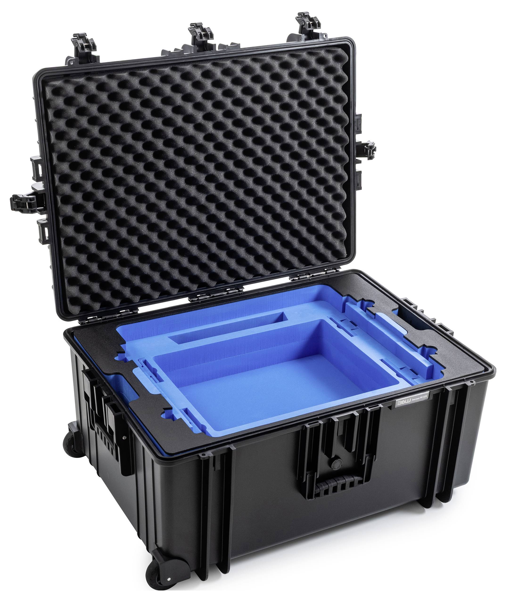 Ein langlebiges schwarzes Gehäuse mit geöffnetem Deckel, das maßgeschneiderte blaue Schaumstoffpolsterung im Inneren zeigt.