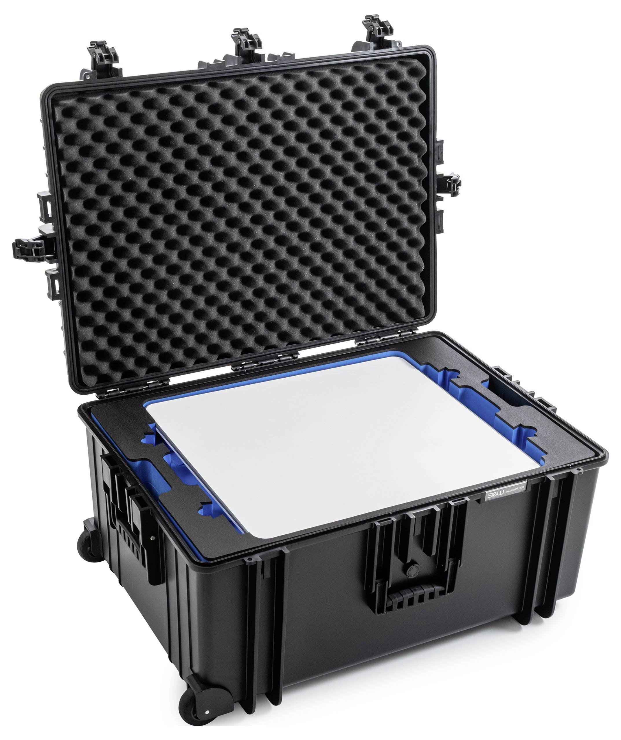 'Offener schwarzer Schutzkoffer mit Schaumstoffeinlage und weiß gepolstertem Innenraum.'