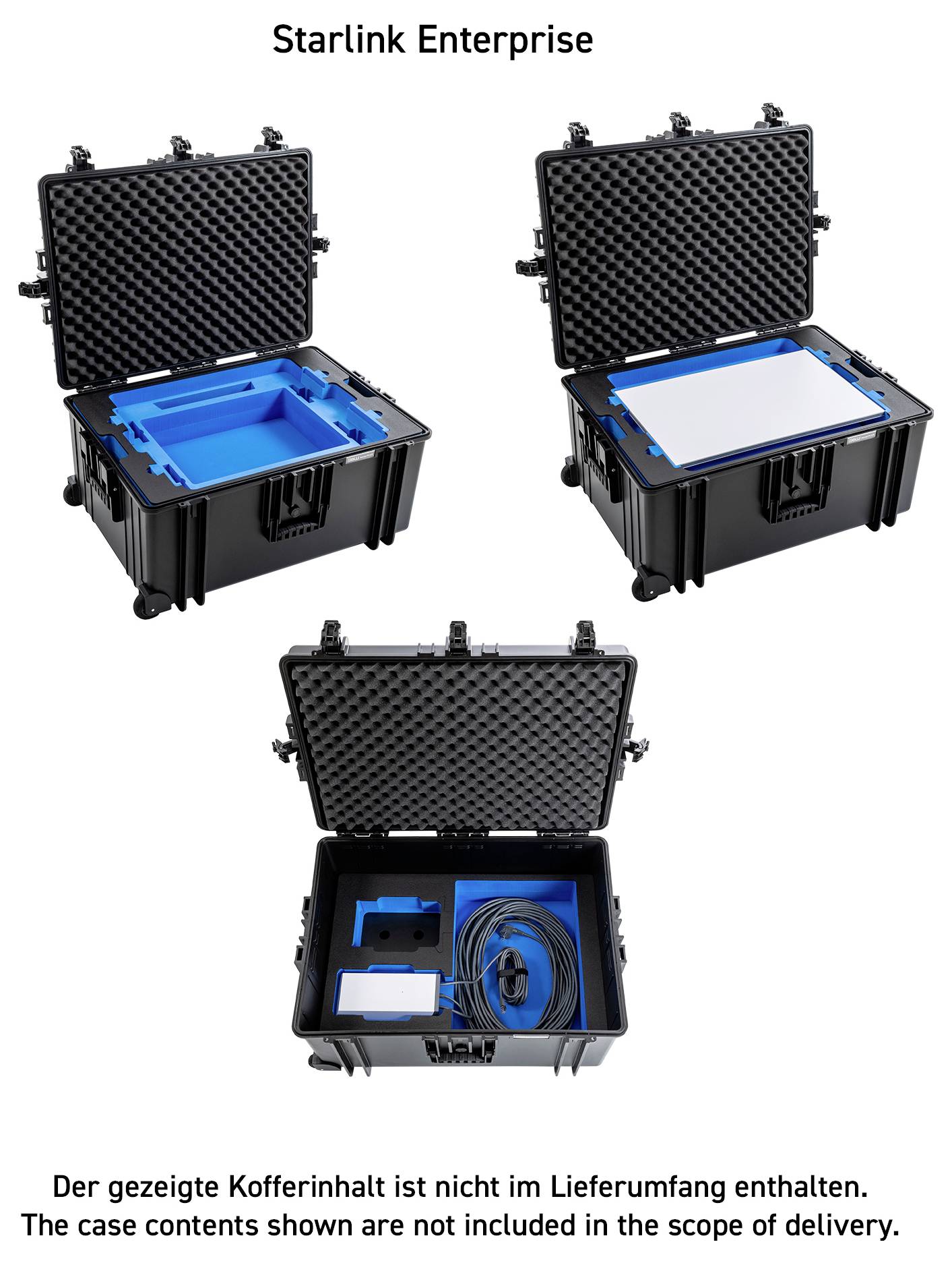 „Starlink Enterprise"-Koffer offen mit Schaumstoffeinlagen. Umfasst Fächer für Zubehör. Textnotiz verweist darauf, dass der Inhalt nicht im Lieferumfang enthalten ist.