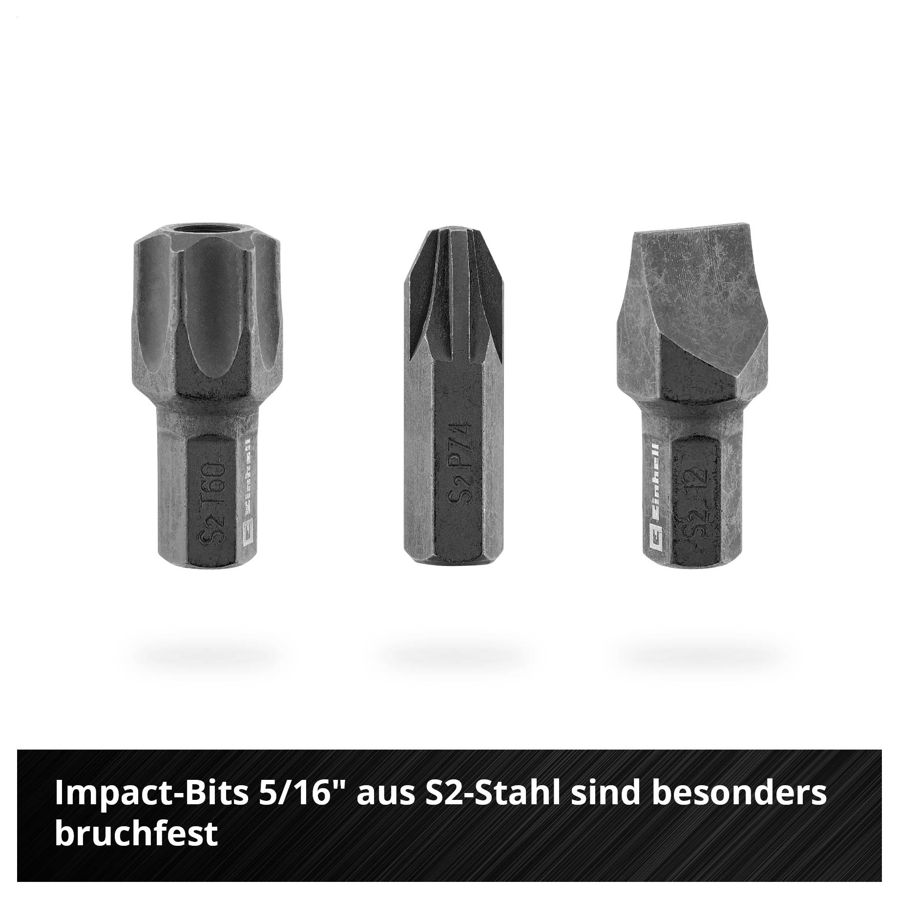 'Drei Impact-Bits aus S2-Stahl, Größe 5/16", besonders bruchfest. Zeigen unterschiedliche Bit-Spitzen, geeignet für hohe Belastung.'