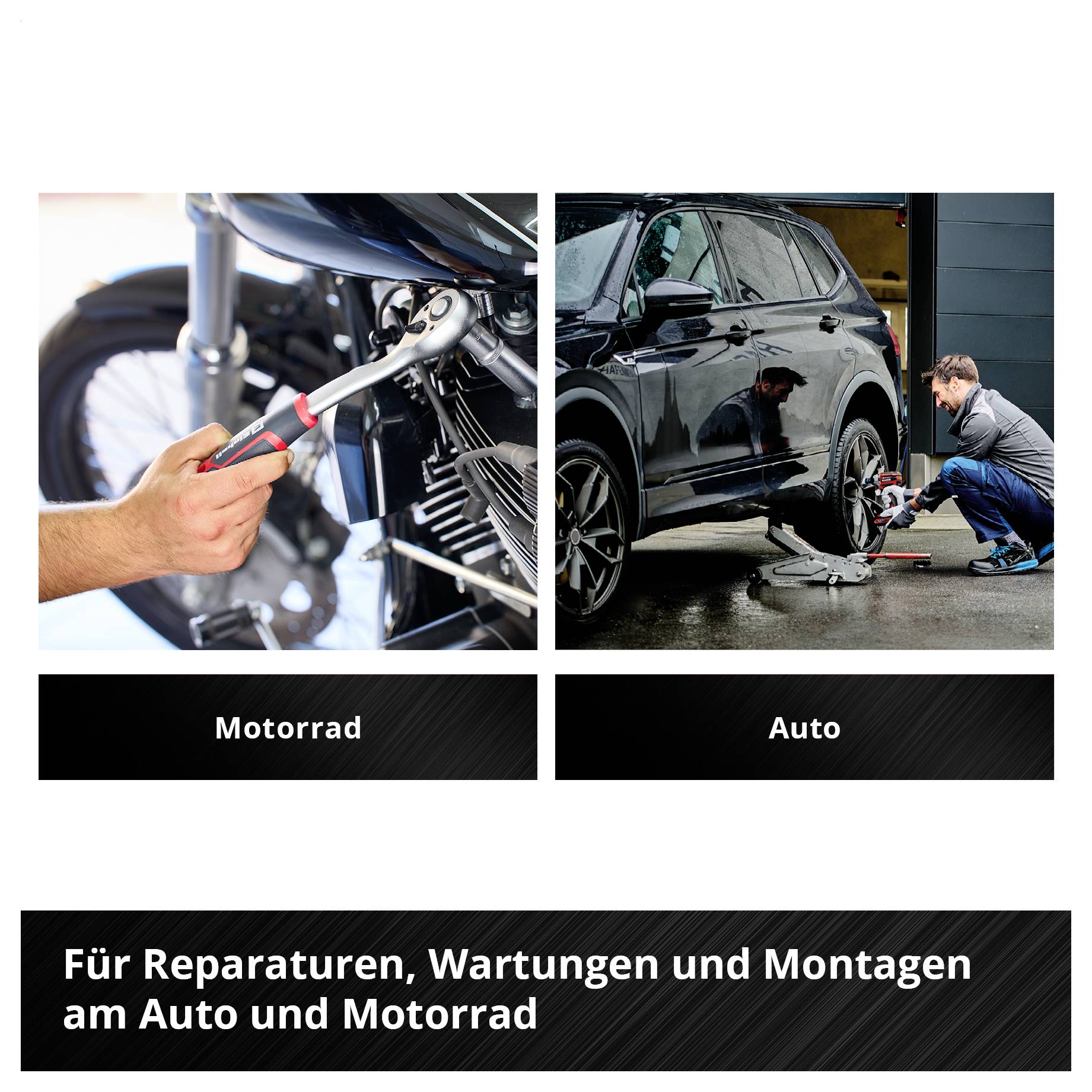 Zwei Bilder, links ein Motorrad bei der Reparatur, rechts ein Auto mit einem Mann, der einen Reifen wechselt. Text: 'Für Reparaturen, Wartungen und Montagen am Auto und Motorrad'.