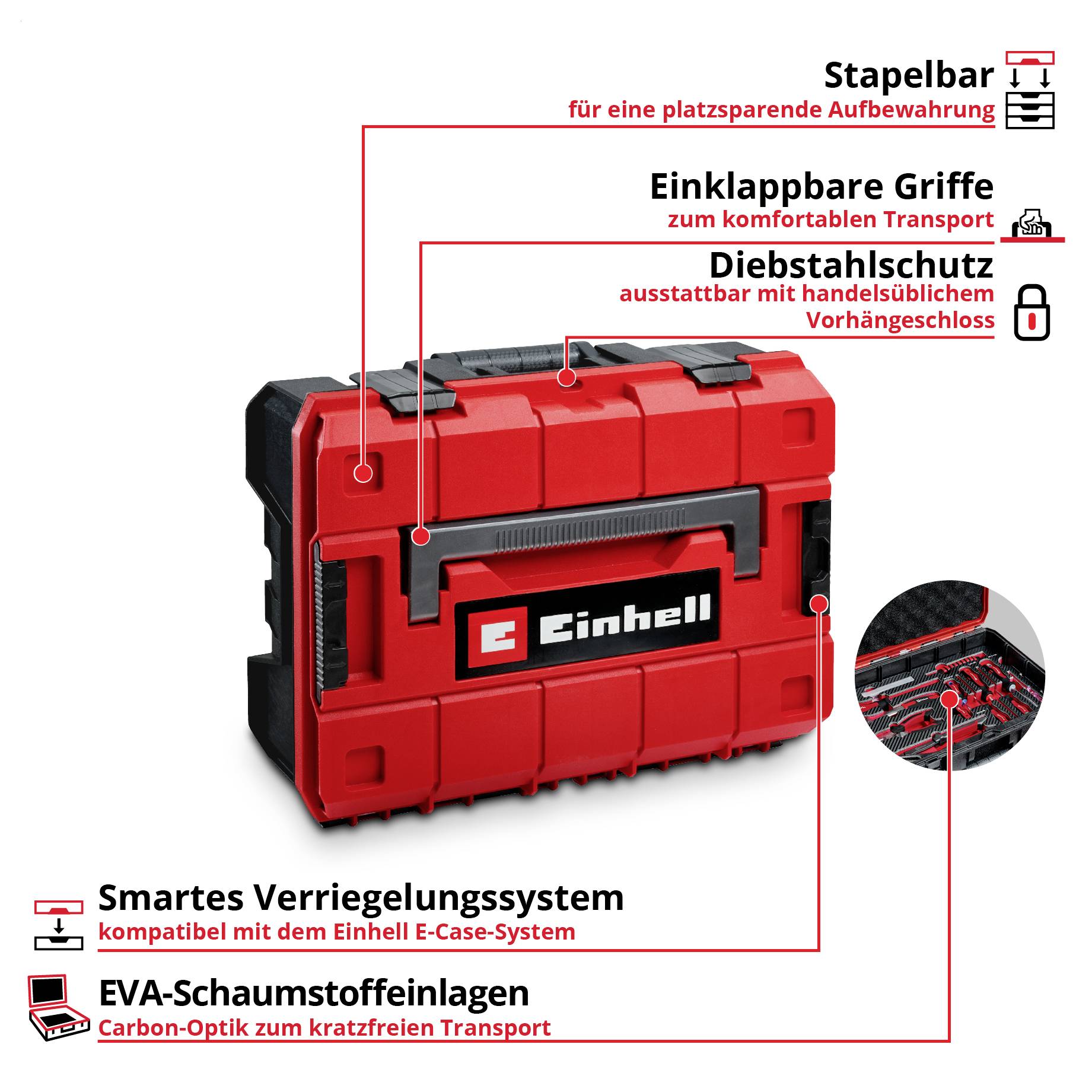Eine rote Einhell-Werkzeugkiste mit "Stapelbar", "Einklappbare Griffe", "Diebstahlschutz" und "EVA-Schaumstoffeinlagen" hervorgehoben.