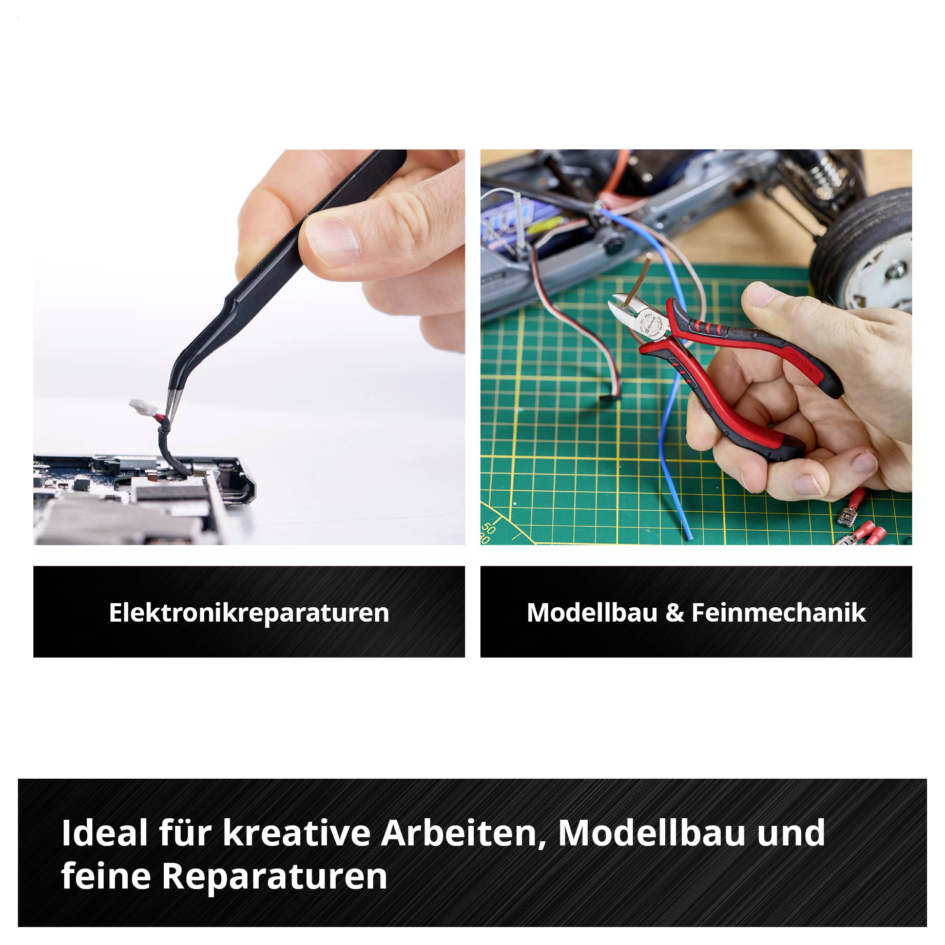 'Zwei Bilder: Linkes Bild zeigt Hand mit Lötkolben bei Elektronikreparatur. Rechtes Bild zeigt Hand mit Zangen bei Modellbauarbeit.'