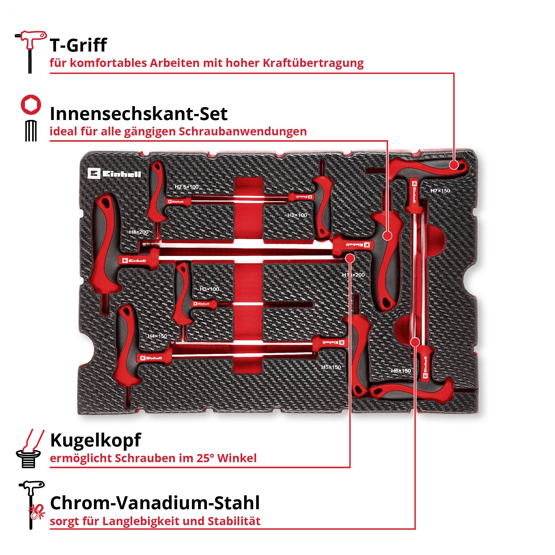 'T-Griff Inbusschlüssel-Set mit Kugelkopf und Chrom-Vanadium-Stahl, ideal für präzises und langlebiges Arbeiten.'