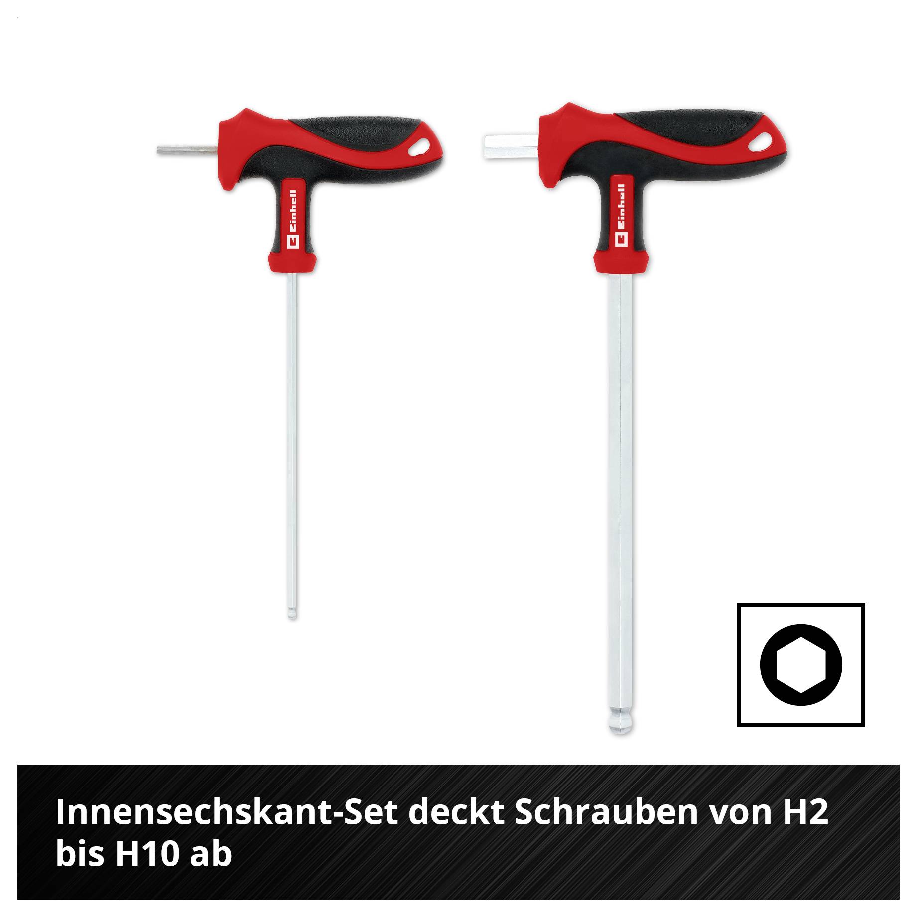 'Satz von zwei roten T-Griff-Innensechskantschlüsseln; Text: Innensechskant-Set deckt Schrauben von H2 bis H10 ab.'