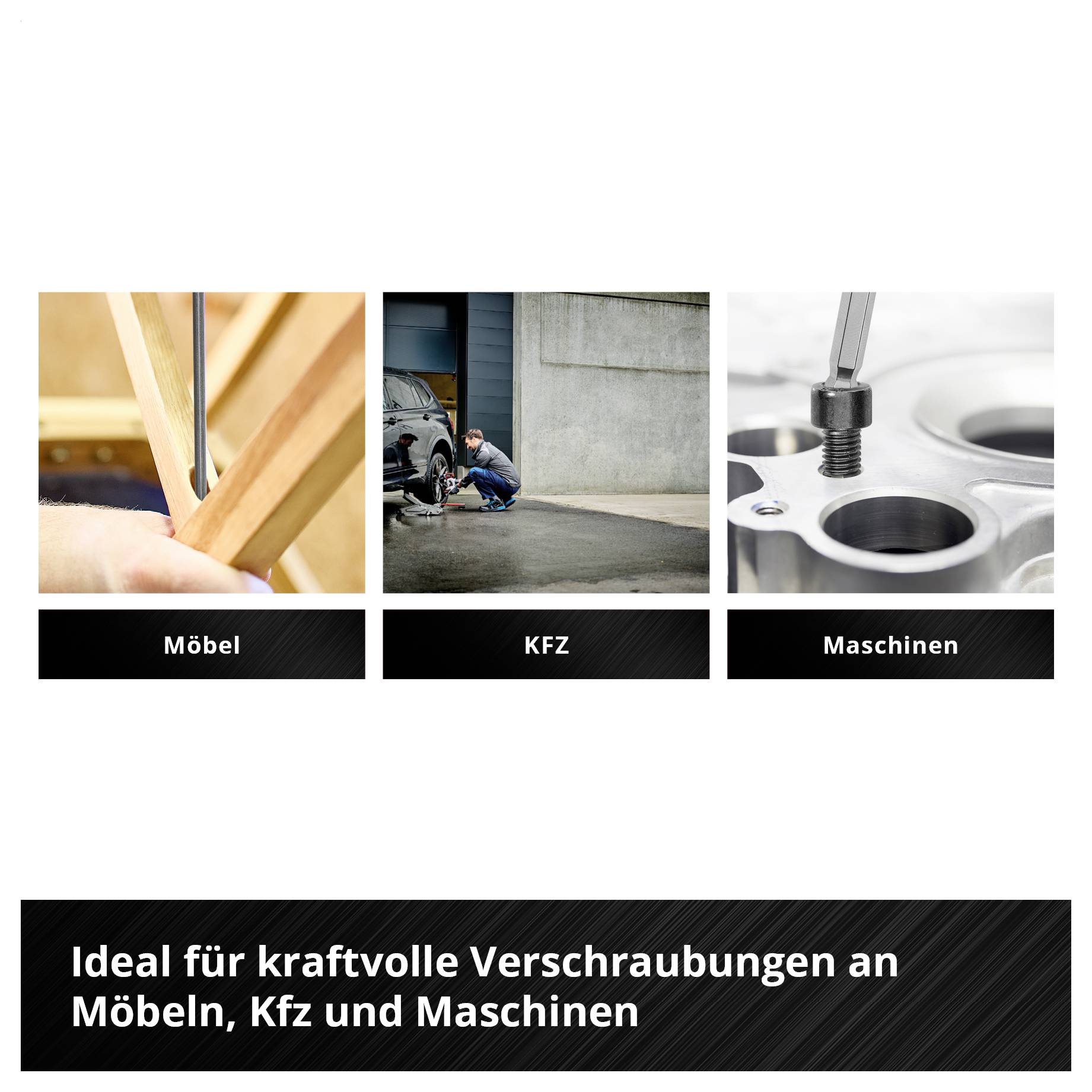 Bild zeigt drei Anwendungsbereiche: Möbel, KFZ und Maschinen. Text unten beschreibt Produkt als ideal für kraftvolle Verschraubungen.