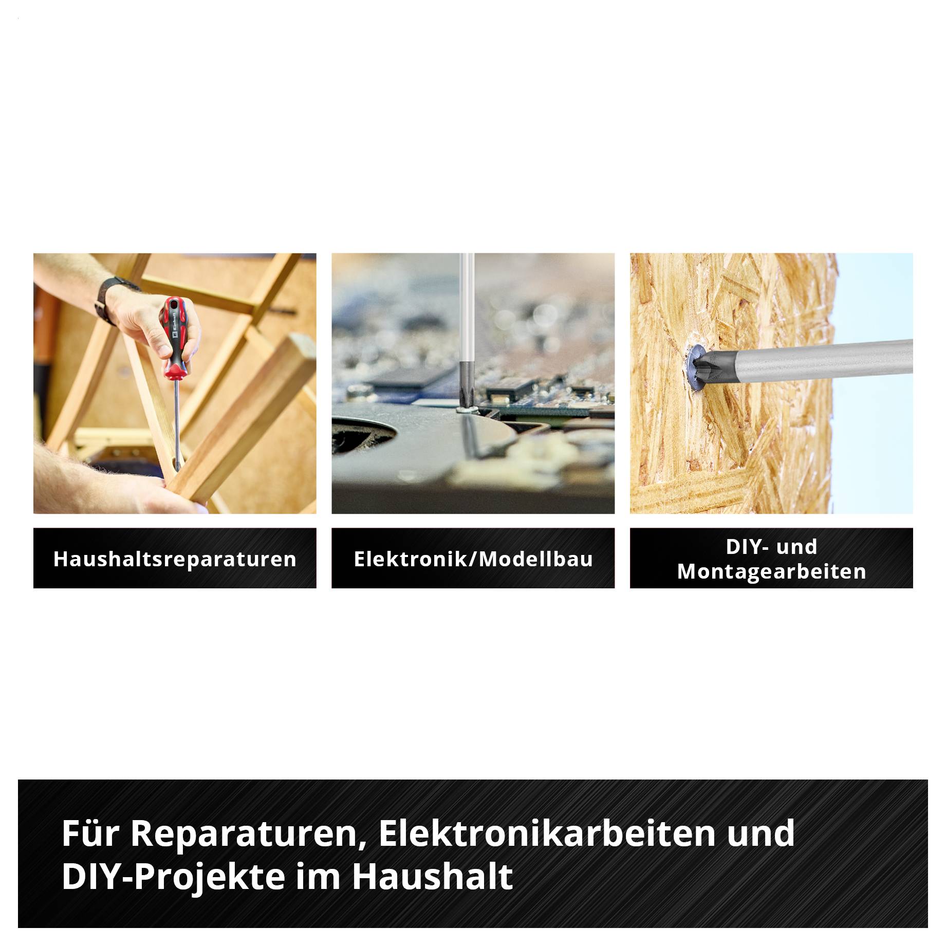 'Drei Bilder zeigen Heimwerkerarbeiten: Haushaltsreparaturen, Elektronik/Modellbau, DIY- und Montagearbeiten für Reparaturen im Haushalt.'
