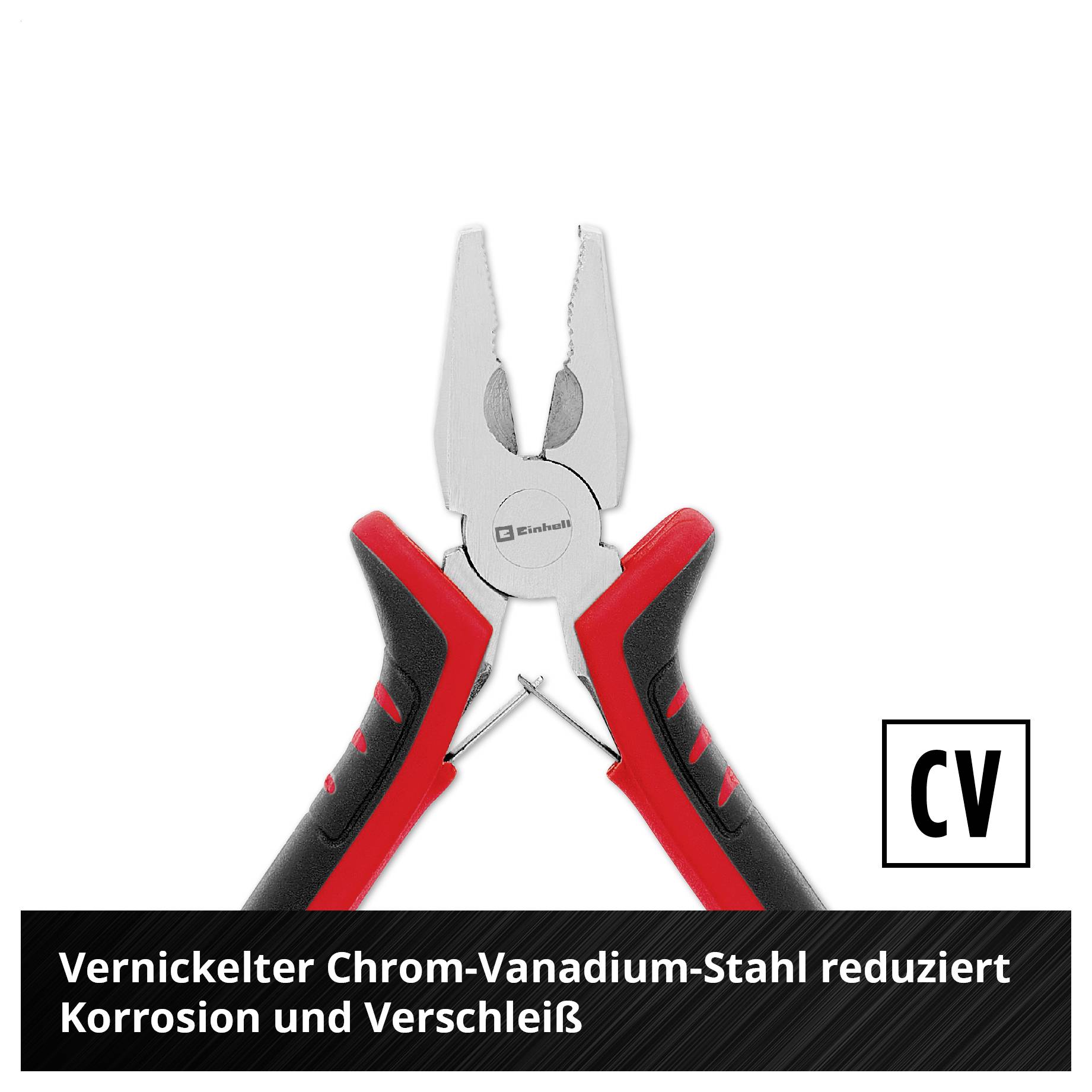'Rote Zange aus vernickeltem Chrom-Vanadium-Stahl. Text: Vernickelter Chrom-Vanadium-Stahl reduziert Korrosion und Verschleiß.'