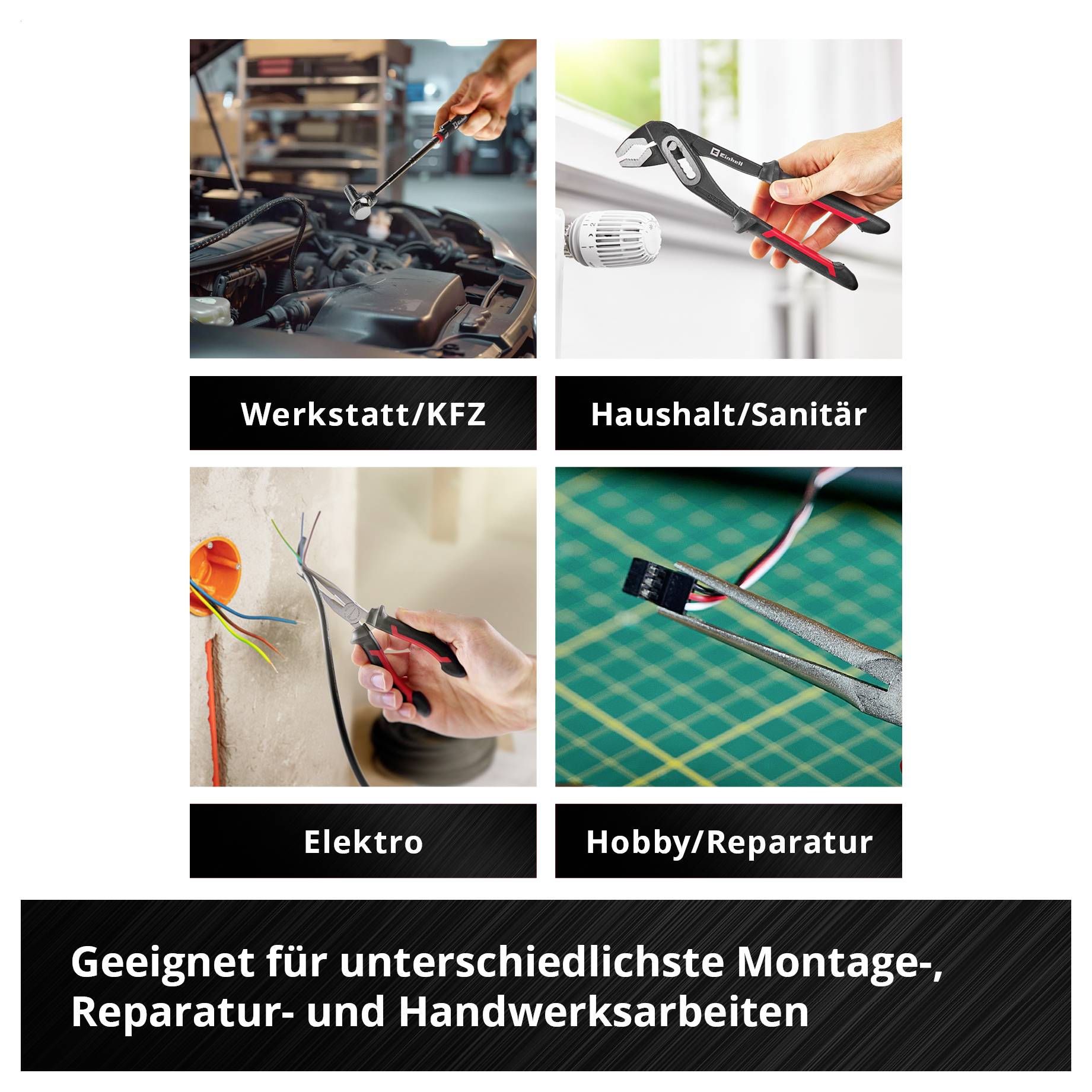 'Vier Bilder zeigen Werkzeuge im Einsatz bei verschiedenen Tätigkeiten: KFZ-Reparatur, Sanitärarbeiten, Elektroarbeiten, Reparaturen.'
