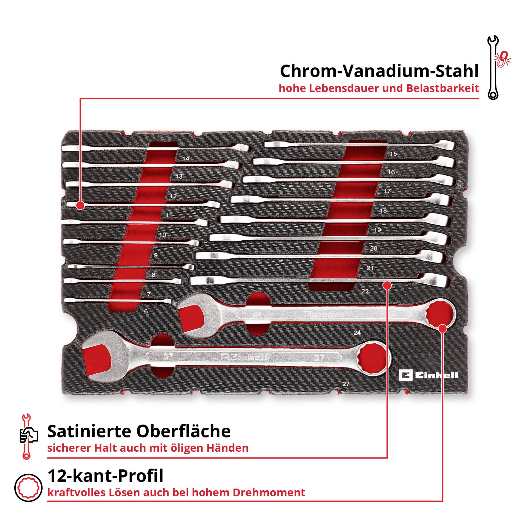 'Satz Schlüssel aus Chrom-Vanadium-Stahl mit satinierten Oberflächen und 12-kant-Profil in einer Werkzeugablage. Markenname oben links.'