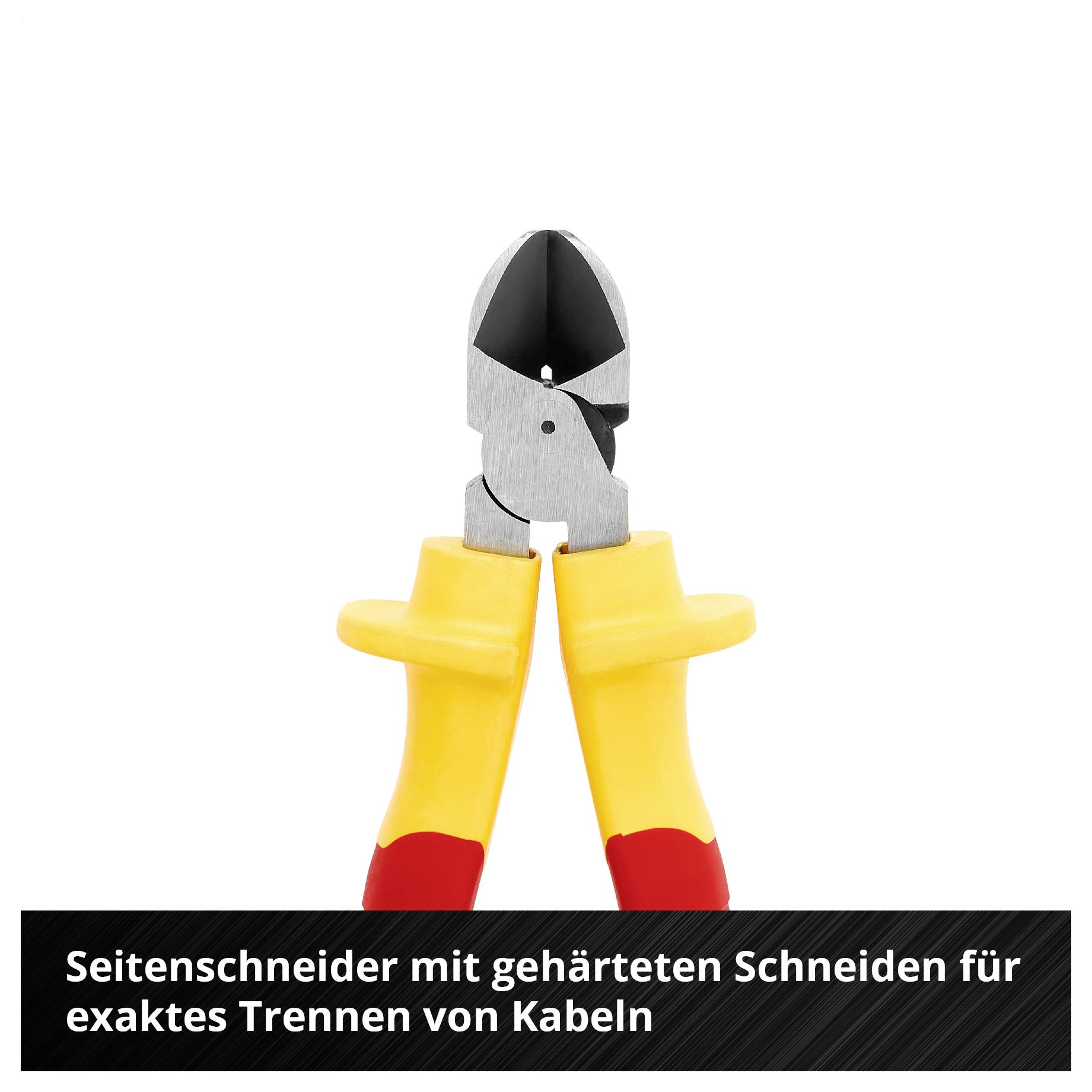 "Seitenschneider mit gehärteten Schneiden für exaktes Trennen von Kabeln"zeigt Werkzeug auf weißem Hintergrund.