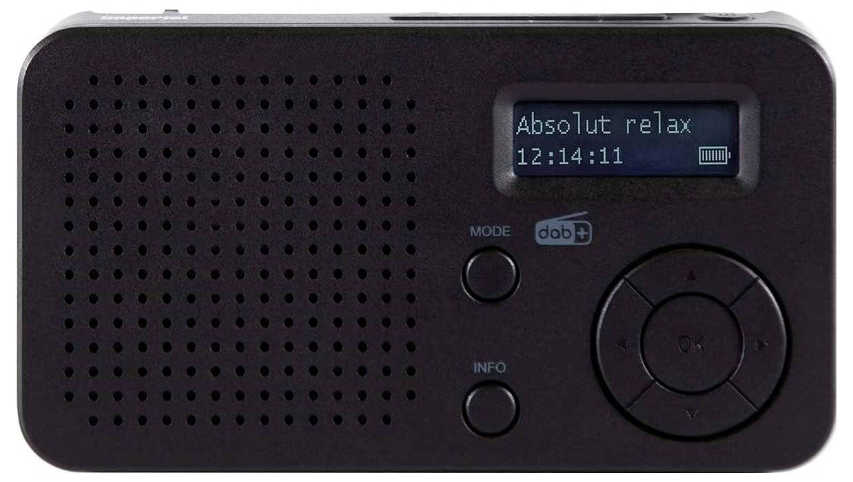 Ein schwarzes digitales Radio mit der Anzeige "Absolut relax 12:14:11" auf dem Bildschirm und Tasten für Modus und Informationen.