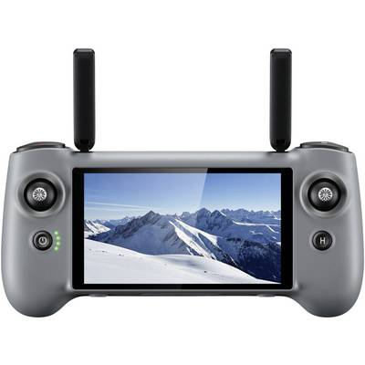 Ein Drohnensteuerelement mit einem Bildschirm, auf dem eine verschneite Berglandschaft angezeigt wird. Der Regler hat zwei Joysticks und Schaltflächen zur Navigation.