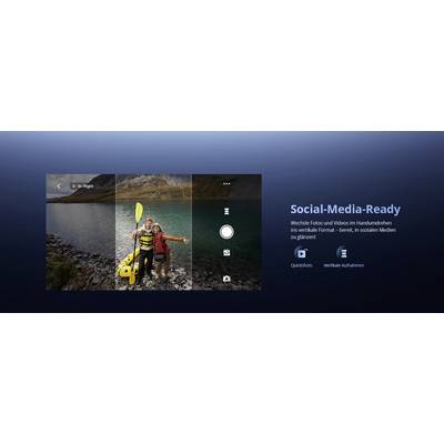 Halbbildschirmansicht eines Kajakfahrers am Seeufer. Der Text lautet „Social-Media-Ready: Teile vertikale Inhalte in sozialen Medien."