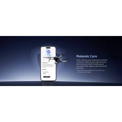 „Potensic Care" Service wird auf einem Smartphone-Bildschirm angezeigt, daneben liegt eine Drohne. Der Text beschreibt umfassende Details des Pflegedienstes.