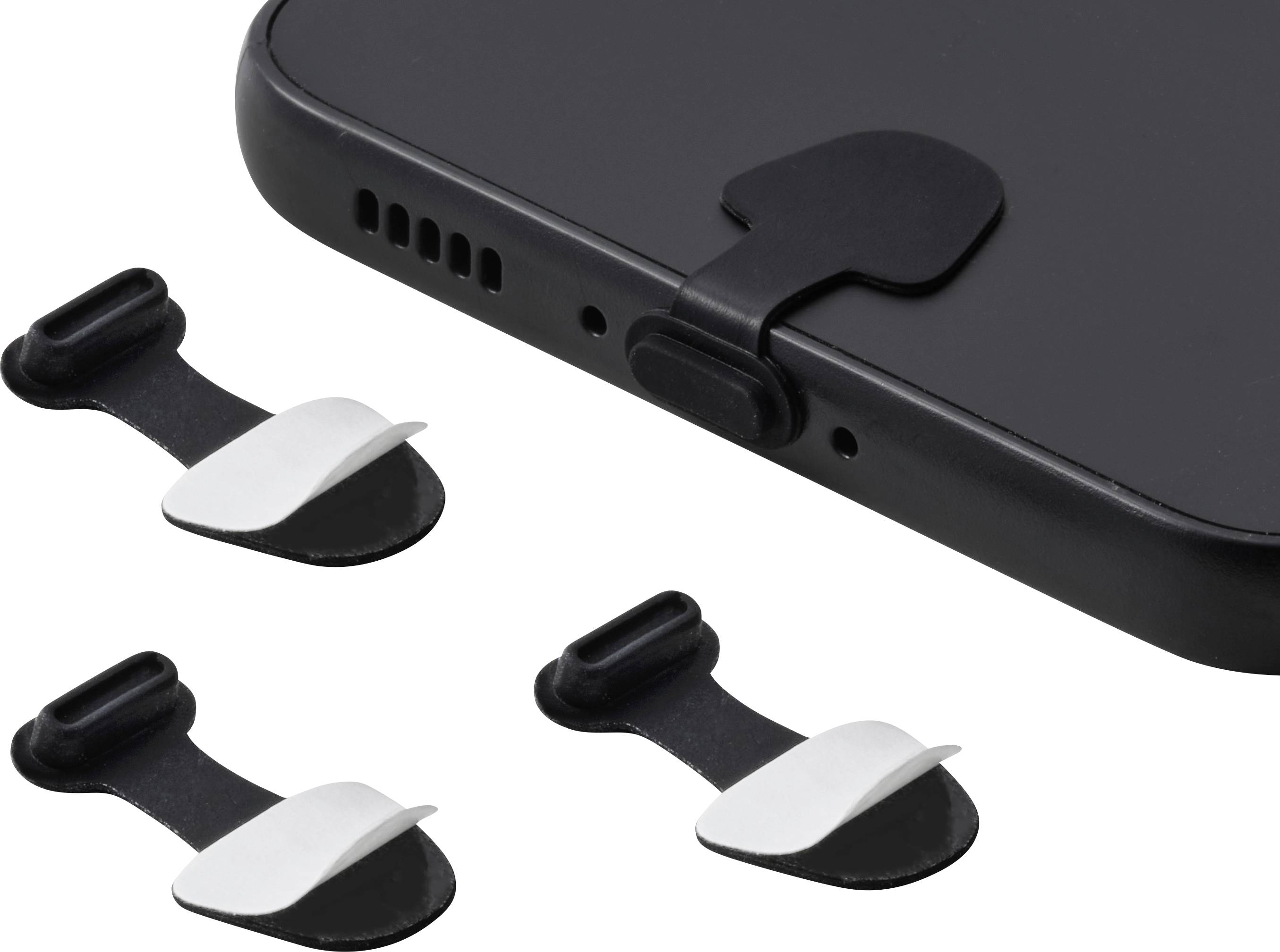 Schwarze Handyhülle mit drehbarer Riemenanbringung, gezeigt mit drei austauschbaren schwarz-silbernen Zubehörteilen.