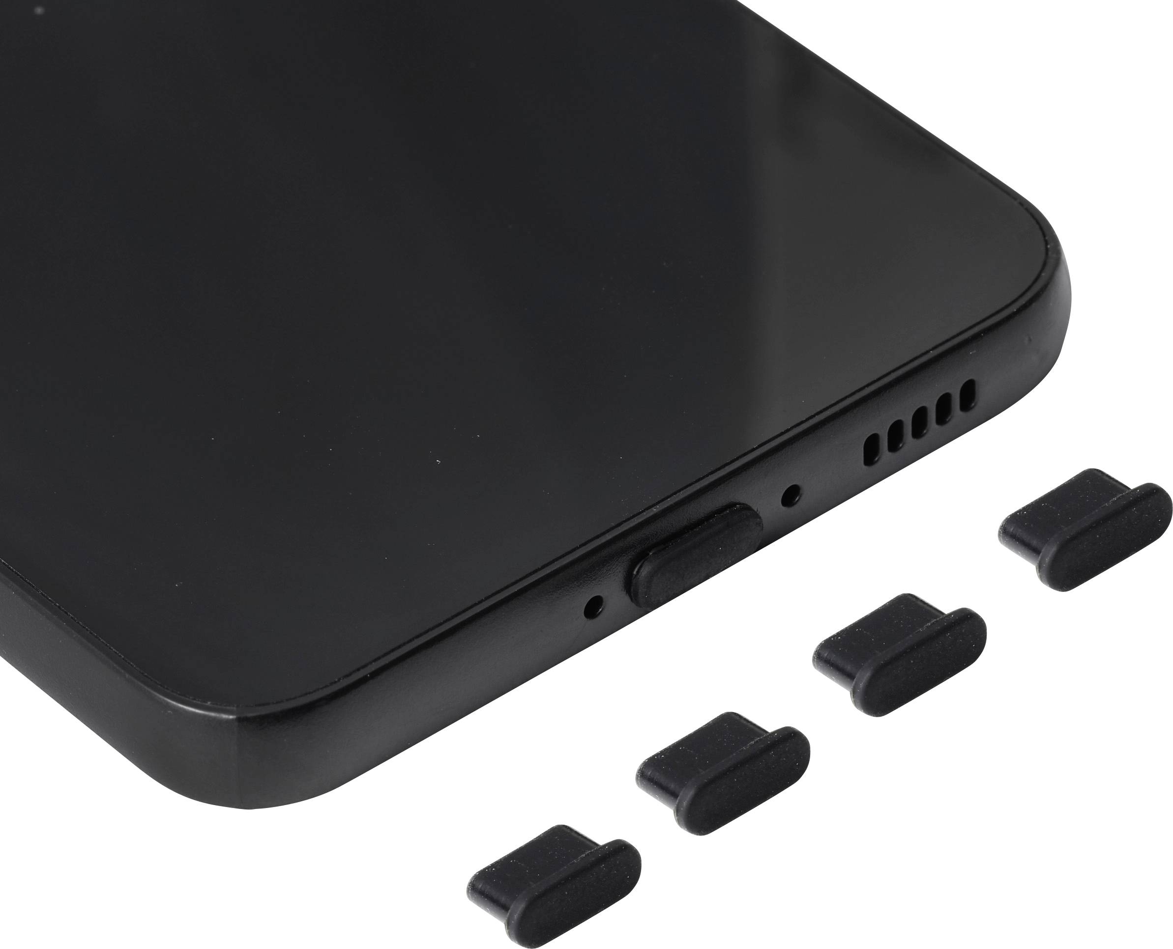 Nahaufnahme einer Smartphone-Unterkante mit entferntem SIM-Kartenfach, das vier kleine schwarze Steckplatzabdeckungen oder Stopfen daneben zeigt.