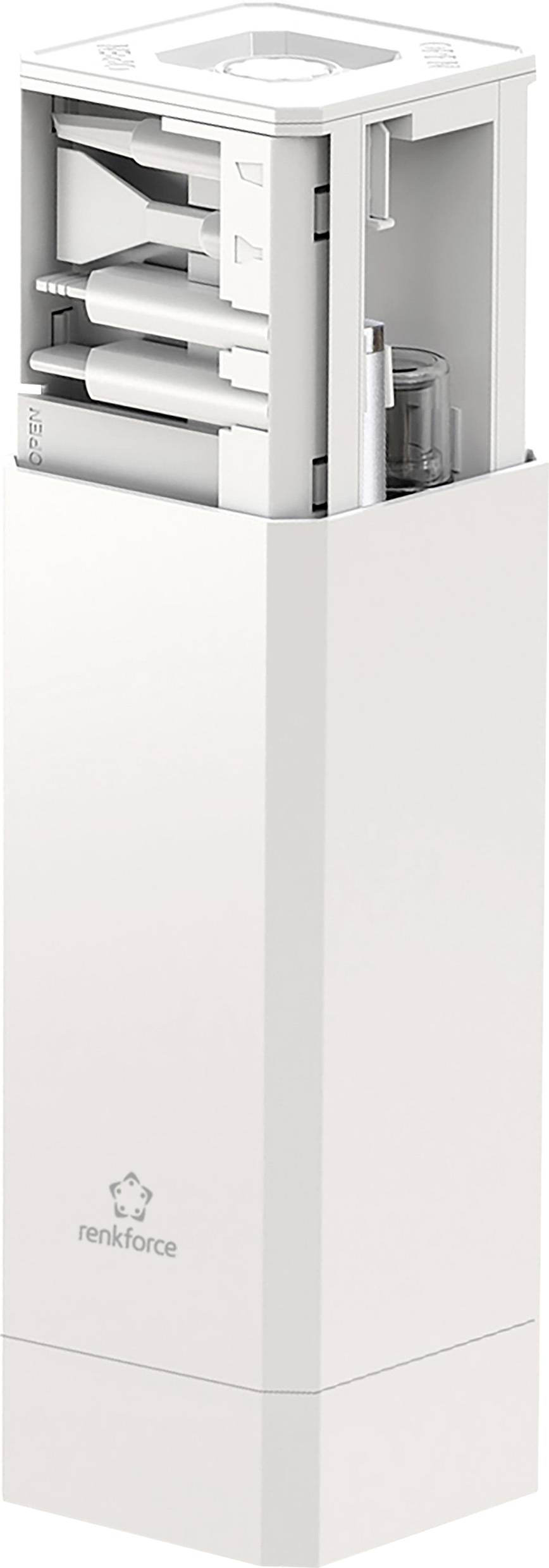 Ein weißer vertikaler Küchengeräte-Organizer mit mehreren Fächern für verschiedene Utensilien, mit modernem Design.