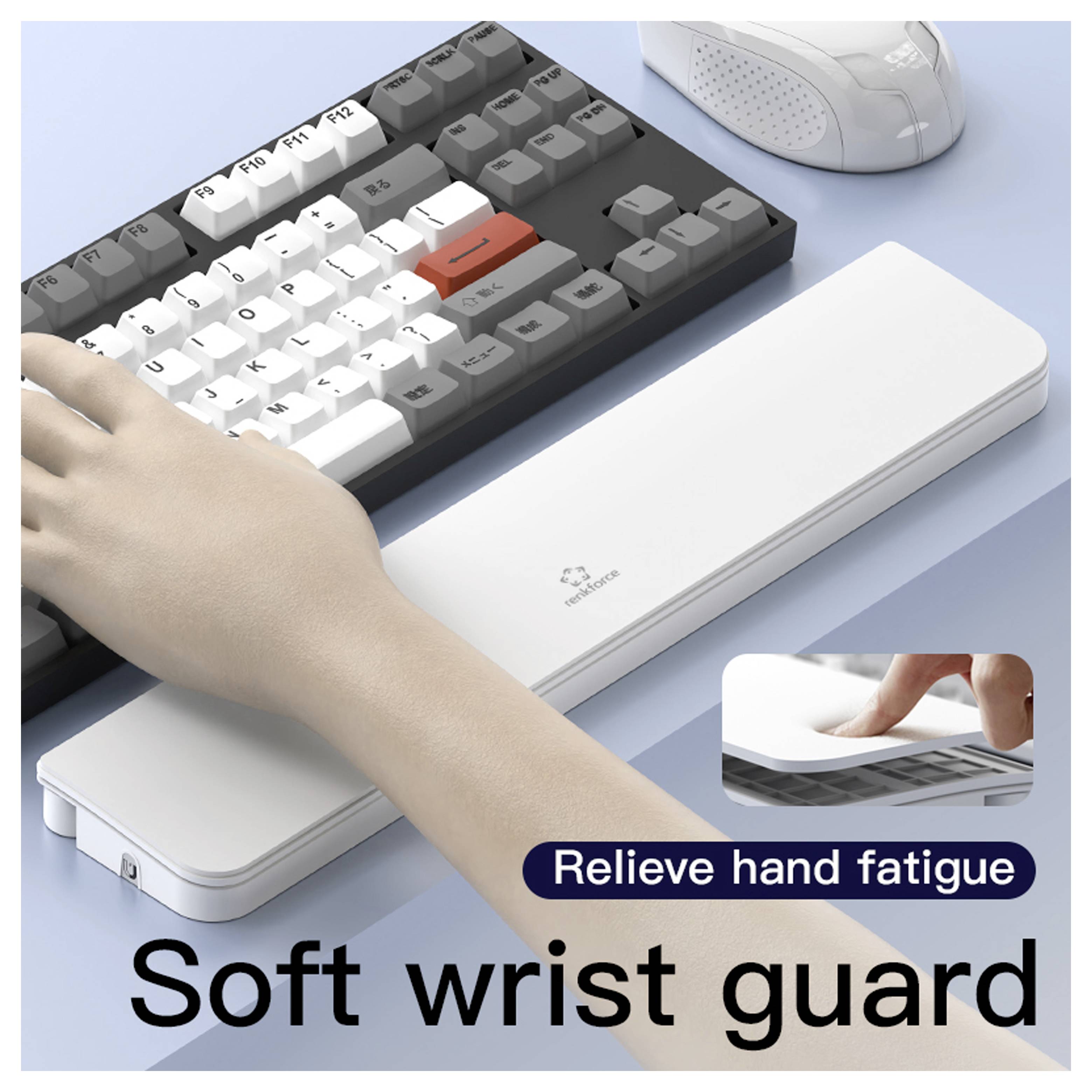 Eine Hand ruht auf einer weißen Handgelenkstütze vor einer Tastatur. Der Text lautet „Handfatigue lindern" und „Weiche Handgelenkstütze".