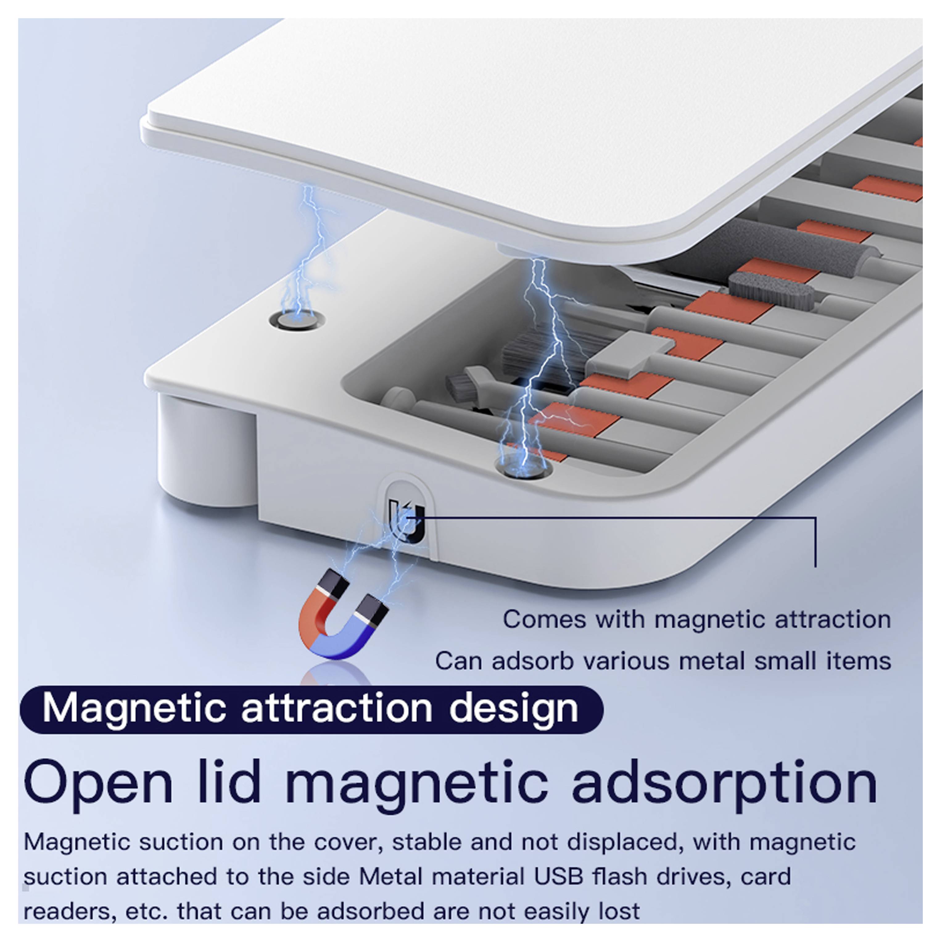 „Deckel mit magnetischer Adsorption öffnen", zeigt einen Schlitz mit magnetischer Anziehung, der USB-Speichersticks und kleine Metallgegenstände sichert.