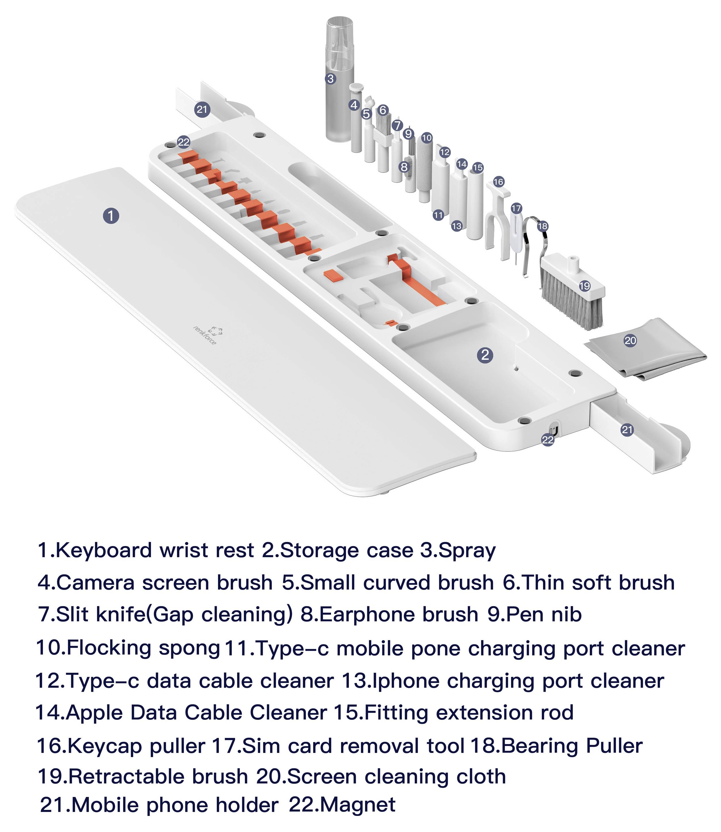 Tastatur-Handgelenkstütze und Aufbewahrungskoffer mit Zubehör einschließlich Bürsten, Sprays, Messer, Reinigungswerkzeuge, Stiftnib und Ladeanschlüsse.