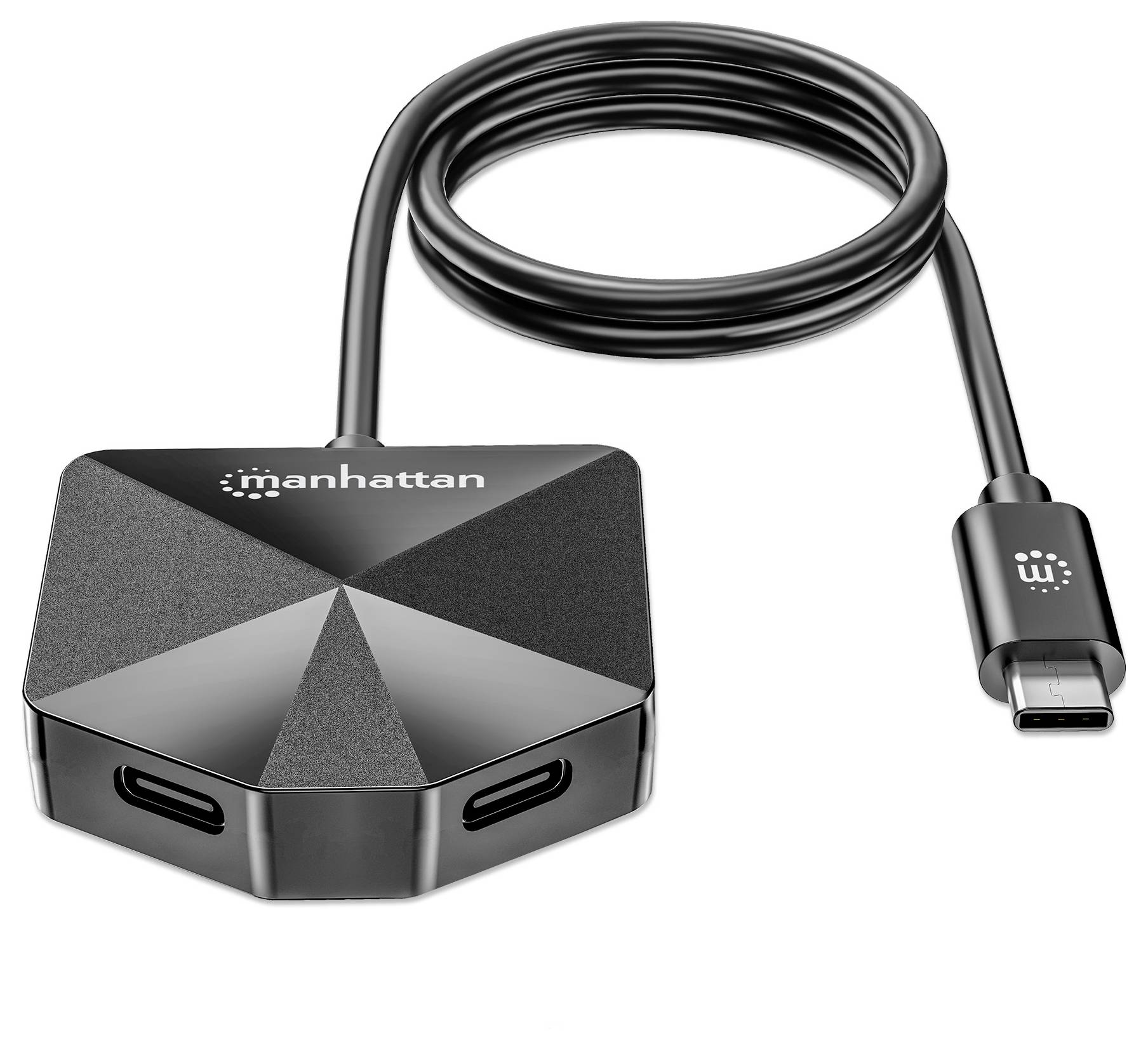 Ein schwarzer Manhattan USB-C zu Dual-HDMI-Adapter mit einem eleganten, geometrischen Design und angeschlossenem Kabel, wird zur Erweiterung der Videoausgabe von Geräten verwendet.