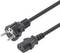 Ein schwarzes zweiadriages Stromkabel mit C13-Stecker, das üblicherweise zum Anschluss elektronischer Geräte an eine Steckdose verwendet wird.