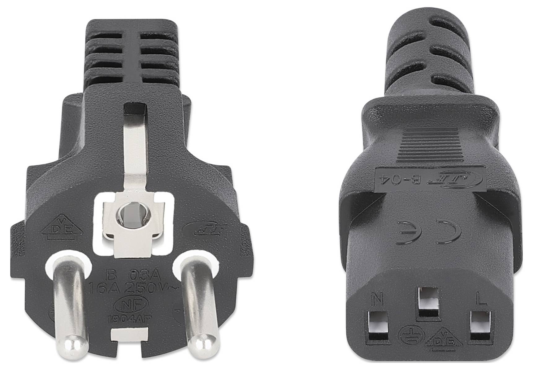 Das Bild zeigt einen schwarzen europäischen Stromstecker mit zwei runden Stiften, von vorne und von hinten fotografiert, mit der Kennzeichnung „CE" zur Bestätigung der Konformität.