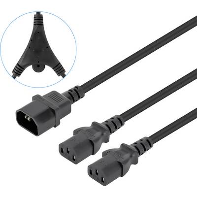 Stromverteilerkabel mit einem C14-Stecker und zwei C13-Buchsen, dargestellt mit Fokus auf die Y-förmige Verbindungsstelle zur Stromverteilung.