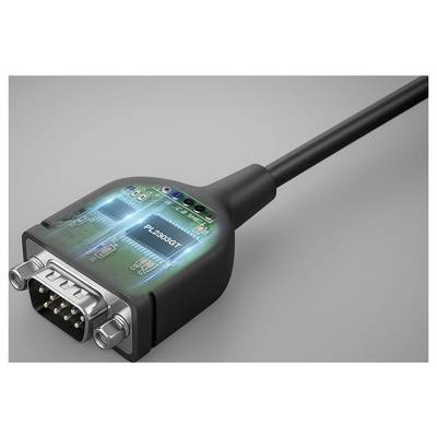 Eine Nahaufnahme eines schwarzen elektronischen Kabels mit transparentem Gehäuse zeigt eine Leiterplatte mit der Bezeichnung "PL-2303GT". Das Kabel endet in einem USB-Anschluss.