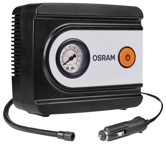 OSRAM Reifenaufpumper mit Druckmesser und Einschaltknopf, ausgestattet mit Autoadapterstecker und Schlauch für einfache Konnektivität.
