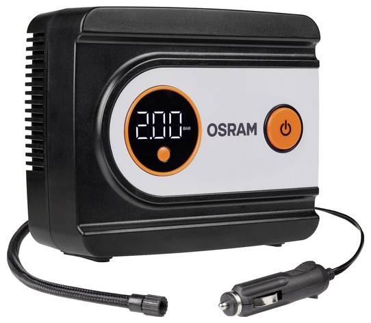 Ein kompakter tragbarer Reifenluftpumpe mit digitaler Anzeige, die „2,80 BAR" zeigt, eine Stromschaltfläche und einen Zigarettenanzünder-Stecker für das Auto.