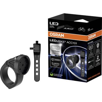 OSRAM LEDbike ACC101 Fahrradzubehör Verpackung und Komponenten; enthält eine Lenkerhalterung und einen elastischen Rücklichtgurt.