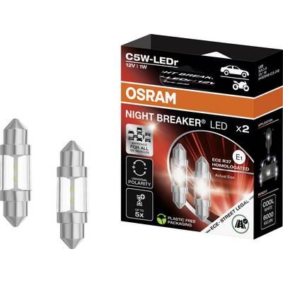 OSRAM Night Breaker LED Doppelpack für die Innenbeleuchtung von Automobilen. Merkmale: 12V, 1W C5W LEDs mit kühlem Weiß 6000K, plastikfreie Verpackung.