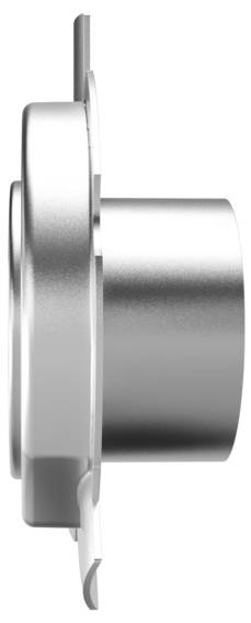 Seitenansicht eines metallischen, runden elektronischen Geräts mit einem hervorstehenden zylindrischen Bauteil, wahrscheinlich ein Technologie-Zubehör oder Komponente.