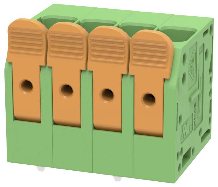 Grüner vierpoliger Elektrikleistenterminalblock mit orangefarbenen Hebelklemmen für Drahtverbindungen