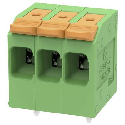 Grüner dreipoliger Elektroklemmenblock mit orangefarbenen Druckhebeln, dargestellt in einer vorderen, rechtwinkligen Produktansicht.