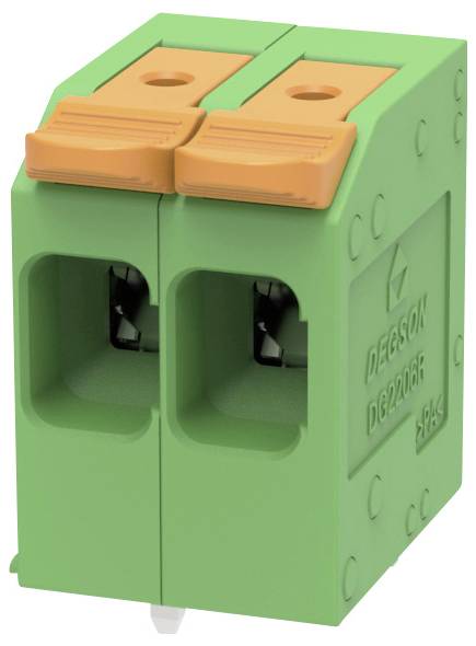 Grünes zweipoliges Elektroklemmblock mit orangefarbenen Hebelklemmen und zwei Drahtöffnungen, in Nahaufnahme dargestellt.