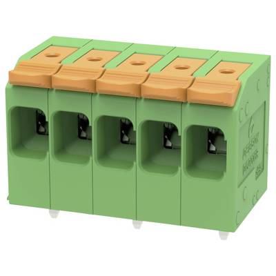 Grüne fünfpolige Klemmleistenverbinder mit orangefarbenen Hebelbefestigungen, dargestellt in einem produktiven Stilbild auf weißem Hintergrund.