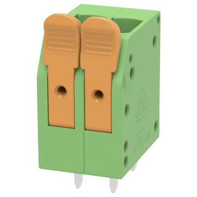 Grüner zweipoliger elektrischer Klemmblock mit zwei orangefarbenen Hebelbefestigungen und sichtbaren Metallstiften auf der Unterseite.