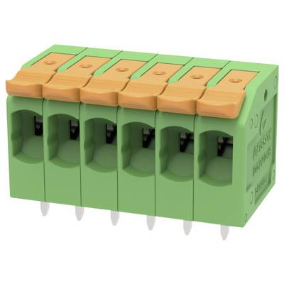 Sechspoliger grün-orangefarbener Schraubklemmen-Steckkonnector mit Drahteinführungsöffnungen und Betätigungshebeln.