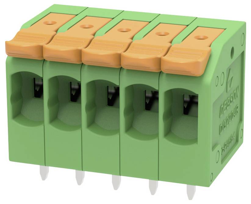 Grüner Fünf-Position-Anschlussblock-Stecker mit orangefarbenen Hebel-Klemmen und Metallkontakten zur Verdrahtung.