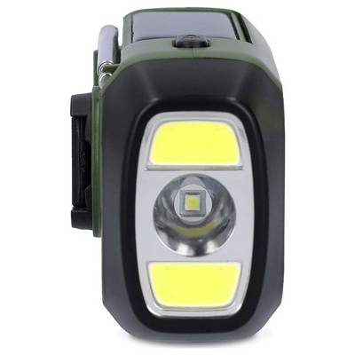 Eine Nahaufnahme einer kompakten, multifunktionalen Taschenlampe mit einer zentralen LED-Birne und zwei rechteckigen LED-Paneelen über und unter ihr.