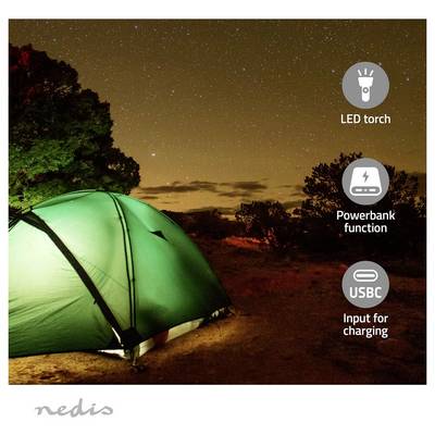 Ein grünes Zelt in einer sternenklaren Nacht mit Symbolen, die "LED-Taschenlampe", "Powerbank-Funktion" und "USB-C-Eingang zum Aufladen" anzeigen.