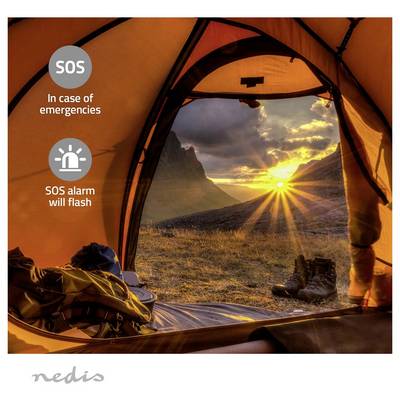 Ein Blick von innen aus einem Zelt bei Sonnenaufgang mit Bergblick. Text: 'SOS Im Notfall blinkt der SOS-Alarm auf.'