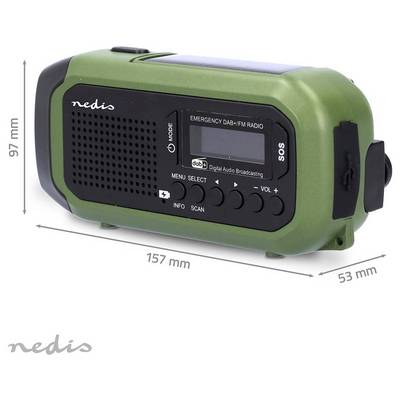 Ein grünes Notfall-DAB+-FM-Radio mit Tasten mit den Bezeichnungen „MENU", „SELECT", „VOL+", „VOL-" und einer Bezeichnung „SOS". Die Abmessungen betragen 157 mm × 97 mm × 53 mm.